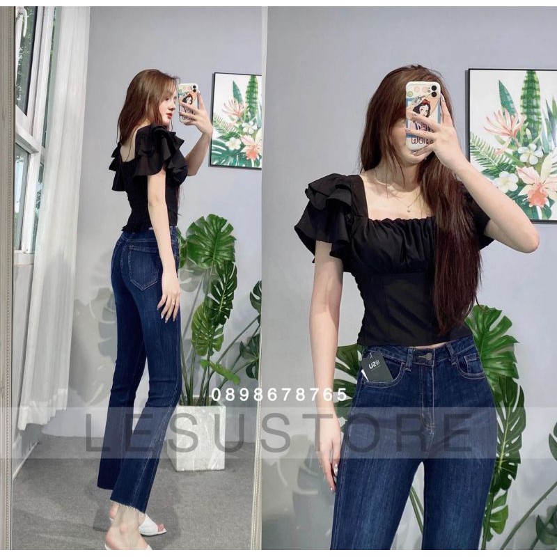 Áo croptop tay tiên cổ vuông thân nhún chỉ | BigBuy360 - bigbuy360.vn