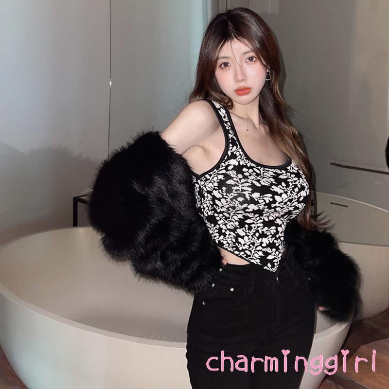 QAQ-Women´s Slim-fit Knit Tank Tops Sleeveless Contrast Color Floral Print U-shaped Neck Pullover