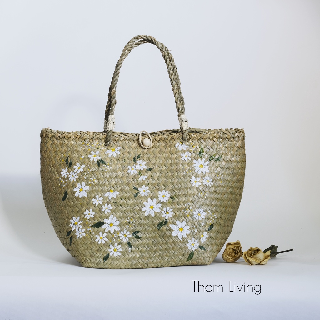 Giỏ cỏ bàng đan tay quai xách bàng se vẽ hoa cúc