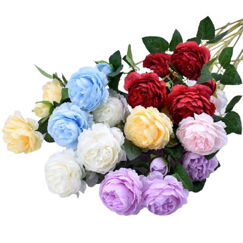 Cành hoa hồng mẫu đơn lụa - hoa hồng giả nhiều màu sắc (1 cành/ 3 bông size to) 101153