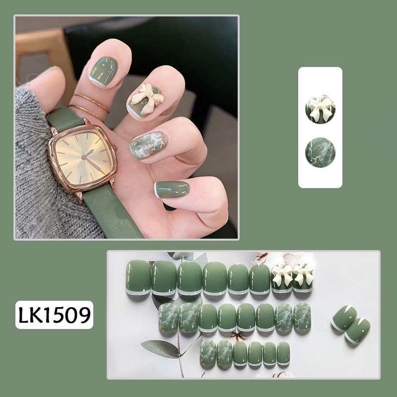 Set 24 móng tay giả khuôn vuông ngắn 3D đính charm đẹp xinh AT
