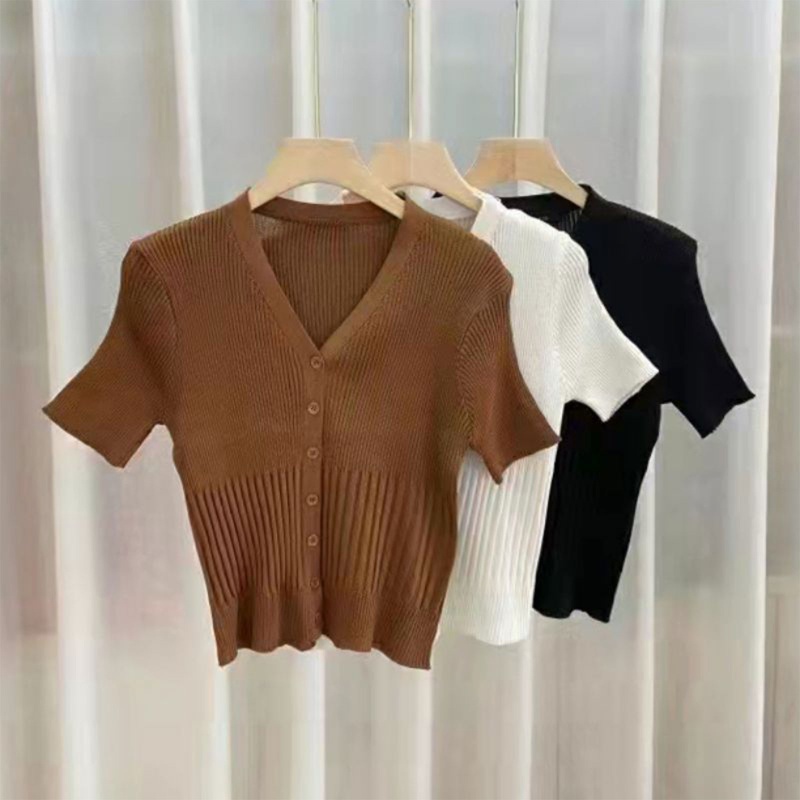Áo Thun Dệt Kim Tay Ngắn Cổ Chữ V Cài Nút Màu Trơn Phong Cách Pháp Gợi Cảm Cho Nữ