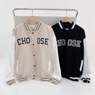 Áo bomber choose nhung tăm gân thêu chữ - áo khoác bomber bóng chày nam nữ phong cách hàn quốc