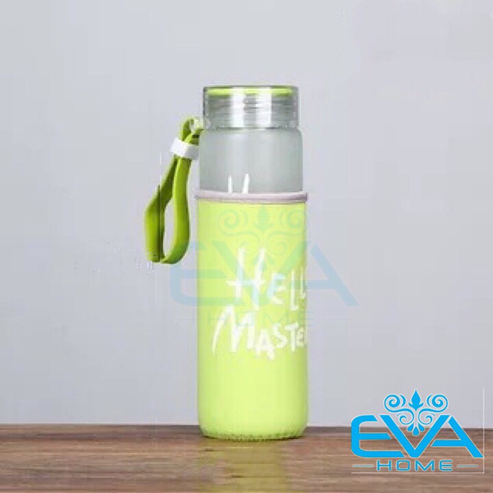 Bình Nước Thủy Tinh Có Võ Bọc Vải Neoprene In Chữ Hello Master 480ML Kèm dây xách