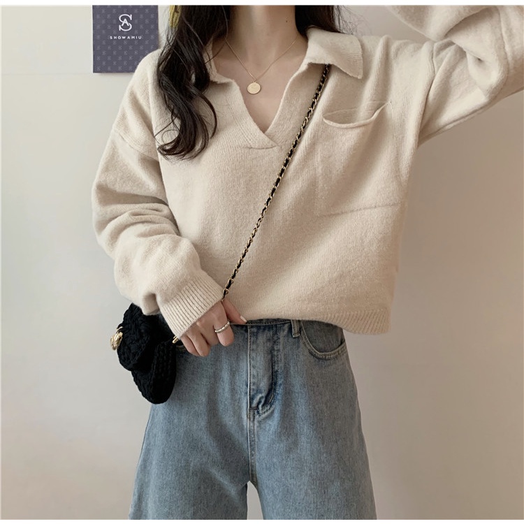Áo sweater dệt kim tay dài phong cách retro thanh lịch cho nữ 37748