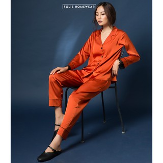 Folie Homewear đồ mặc nhà áo dài tay có ren quần dài lụa FB56.3