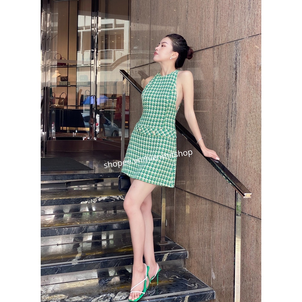 ZARA Đức - Đầm chính hãng auth new tag cao cấp có sẵn sale váy tweed xanh lá sát nách ngắn dạ nỉ 8776/122