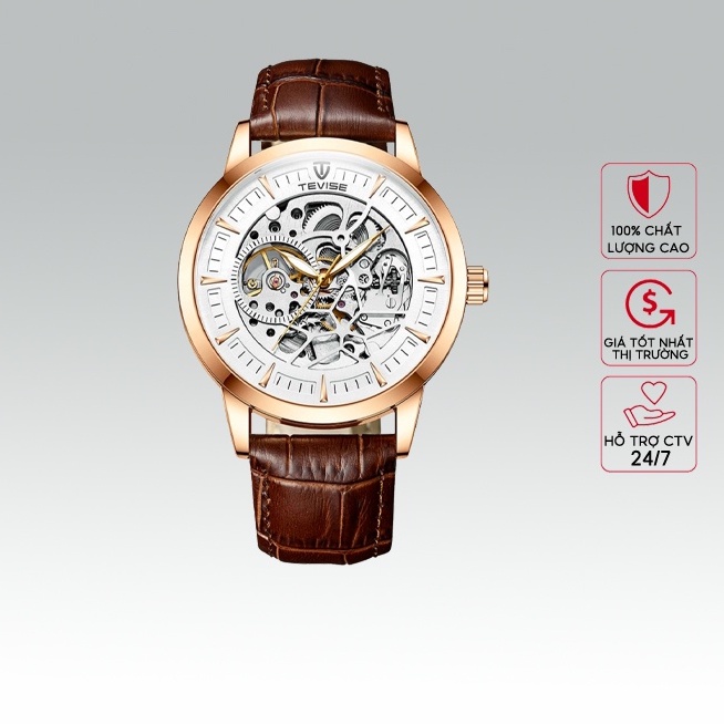 Đồng hồ nam TEVISE T869 chính hãng dây da cao cấp- Đồng hồ cơ automatic lộ máy chạy 5 kim đẹp giá rẻ