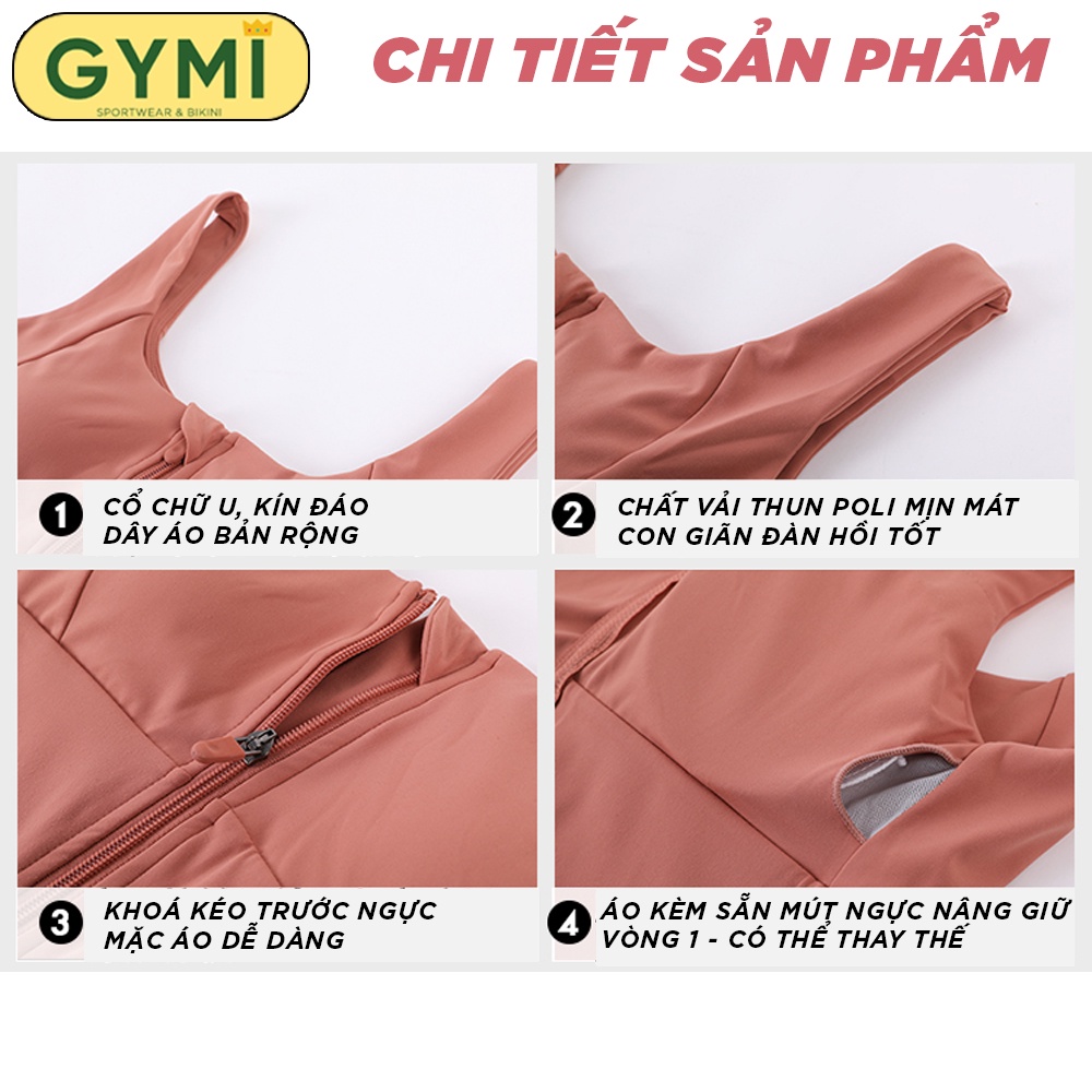 Áo bra tập gym yoga nữ GYMI AL22 dáng croptop chất thun poly cao cấp khoá kéo trước ngực có sẵn mút đệm