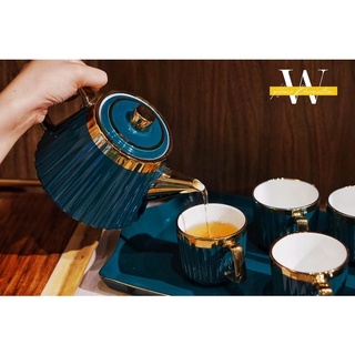 Bộ ấm chén sứ xanh trắng sọc dọc