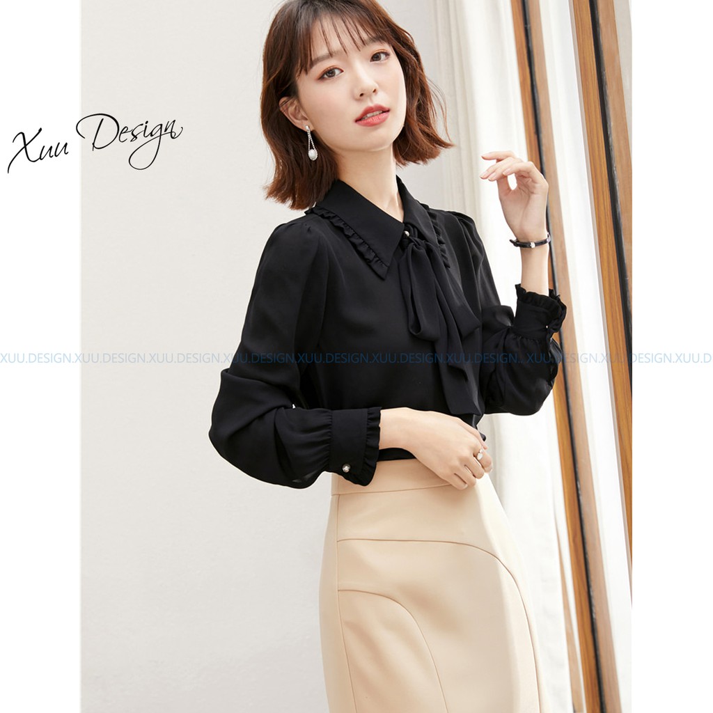 Áo sơ mi lụa nữ công sở Xuu, thắt nơ màu đen kiểu thời trang Xu03 Đen | WebRaoVat - webraovat.net.vn