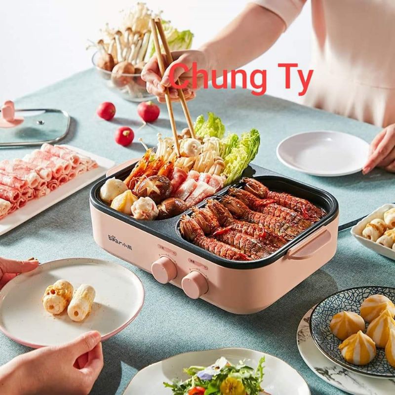 (HÀNG SẴN) NỒI LẪU BEAR 2 IN 1. NỒI LẨU MÀU HỒNG 2 NGĂN