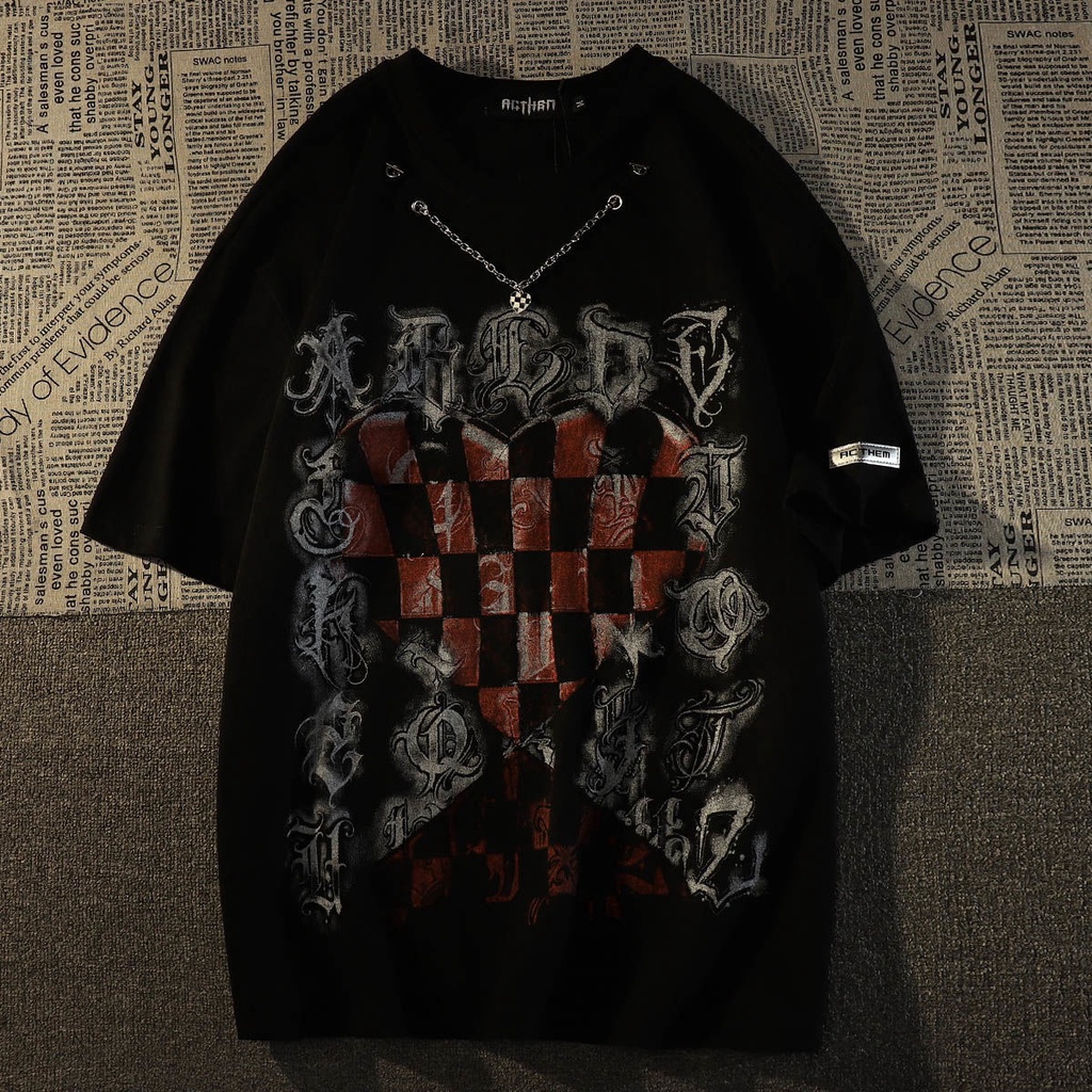 Áo Thun Nam Tay Ngắn In Hình Bàn Cờ Mỹ Phong Cách Retro Đường Phố Phương Tây Niche