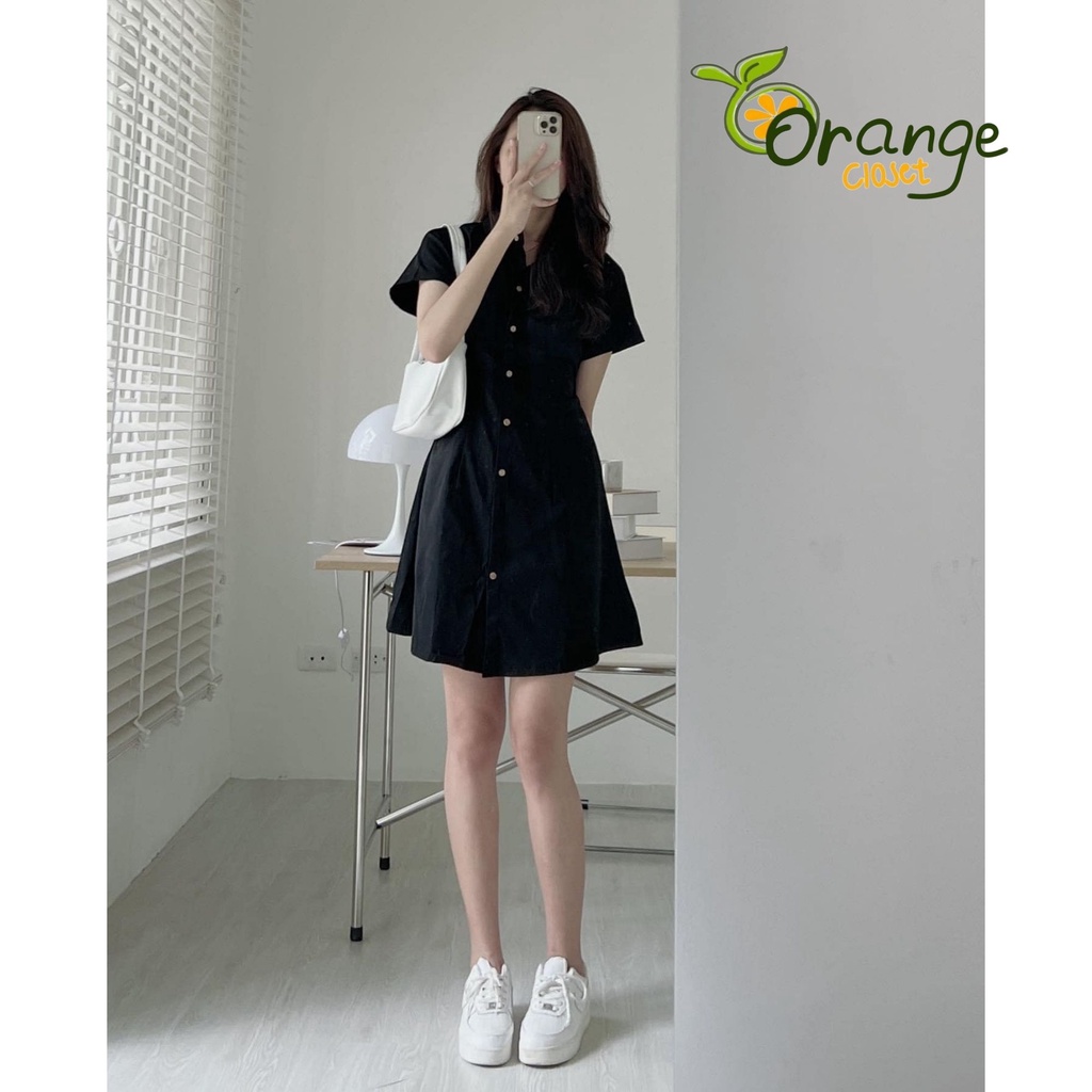 Đầm Sơ Mi Hàn Quốc Vải Thô Đũi Tay Ngắn Váy Cổ Polo Xếp Ly Eo ulzzang Orange Closet D23401