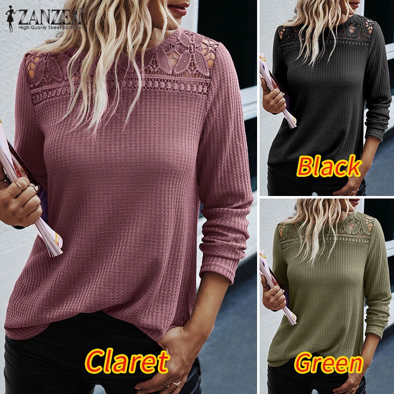 Áo kiểu ZANZEA tay dài phối ren màu trơn thời trang cho nữ