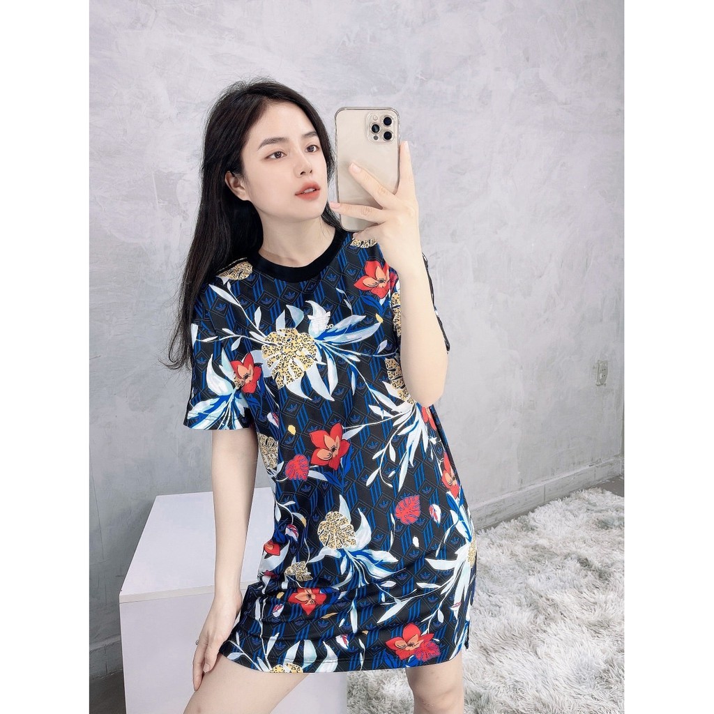 Váy suông Da.s tím than hoa đỏ vàng