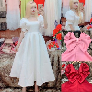 Đầm xòe công chúa tay phồng nơ to sau lưng anh thât