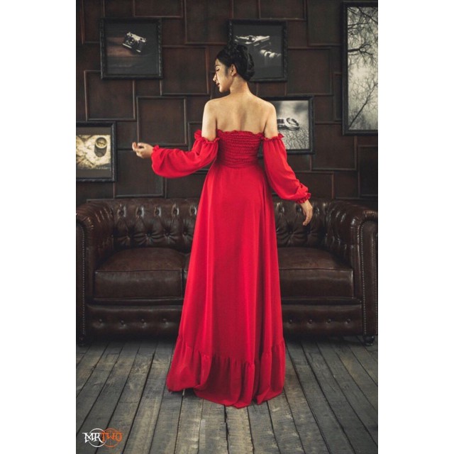 Đầm maxi đỏ xoè trễ vai váy boho vintage du lịch nhún ngực váy đi biển thời trang đẹp rẻ bohemian thổ cẩm freesize