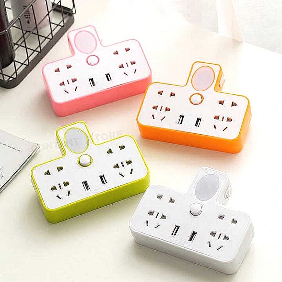 Ổ Cắm Điện Phát Sáng Đa Năng Chữ T Kiêm Đèn Ngủ Gồm 4 Ổ Điện 2 Cổng USB - Cắm 3 Chấu Siêu Tiện Lợi