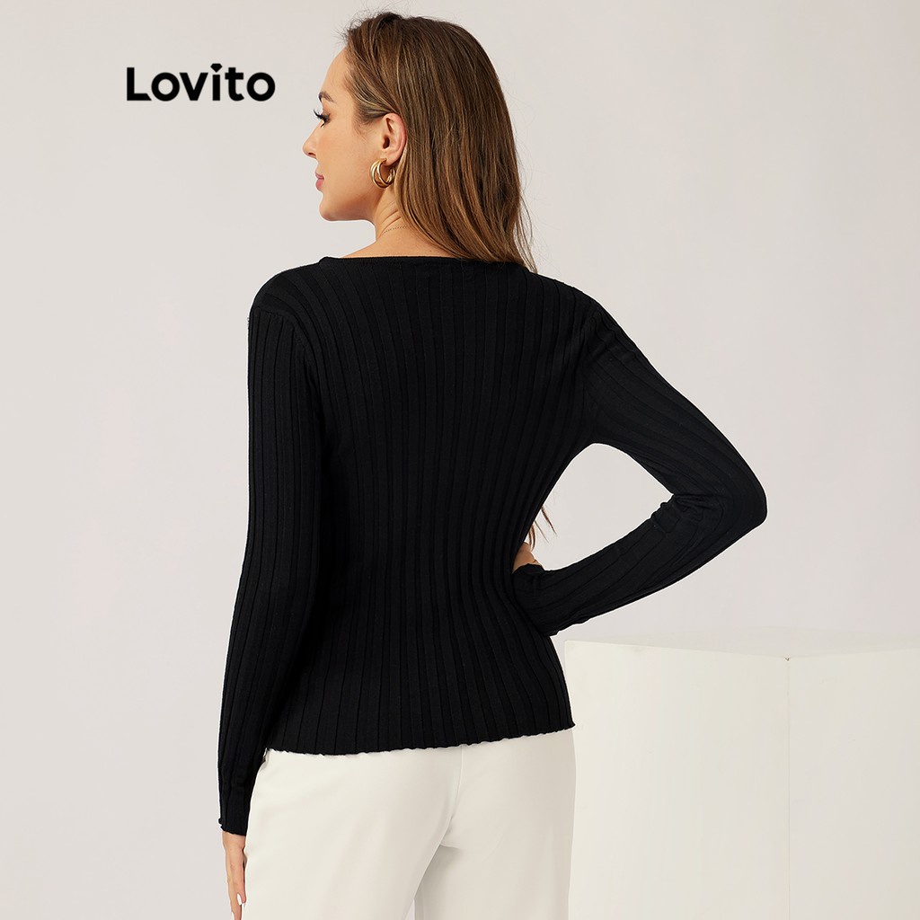 Lovito Áo len dệt kim dài tay cổ chữ V trơn thường L21LT113 (Đen)