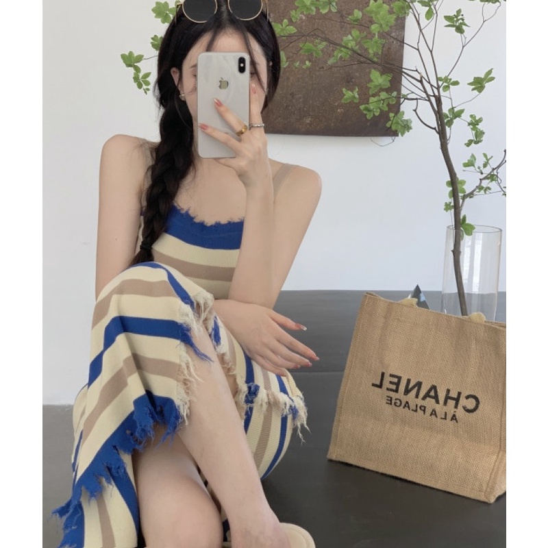 Đầm Dệt Kim Sát Nách Hoạ Tiết Kẻ Sọc Thời Trang Mùa Thu Cho Phái Nữ