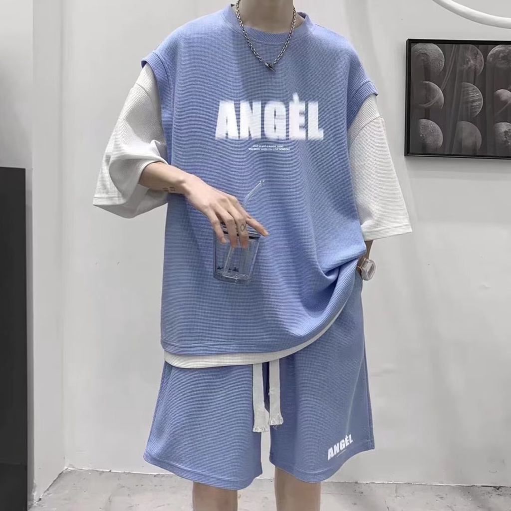 Áo thun nam ngắn tay kèm quần ngắn thời trang mới cho bigsize unisex bộ quần áo bình thường phổ biến cộng với quần áo đôi đơn giản