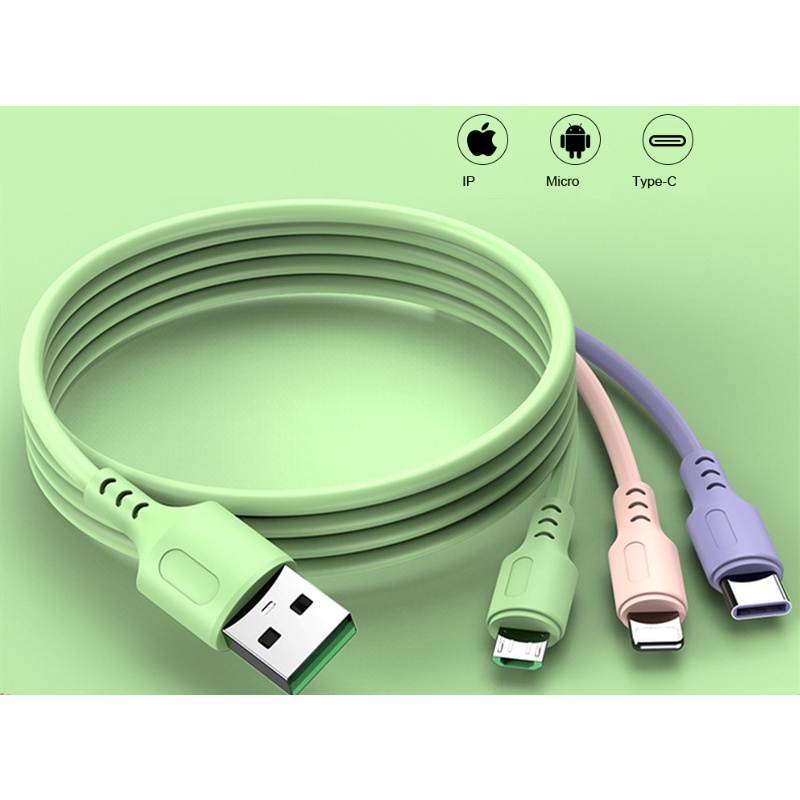 Cáp sạc nhanh 3 đầu: USB,Lightning,TYPE-C - dài: 1,5m - DC 5V - Chuyển hướng thông minh 5A - 3 đầu cùng lúc &gt;3A [CHẤT]