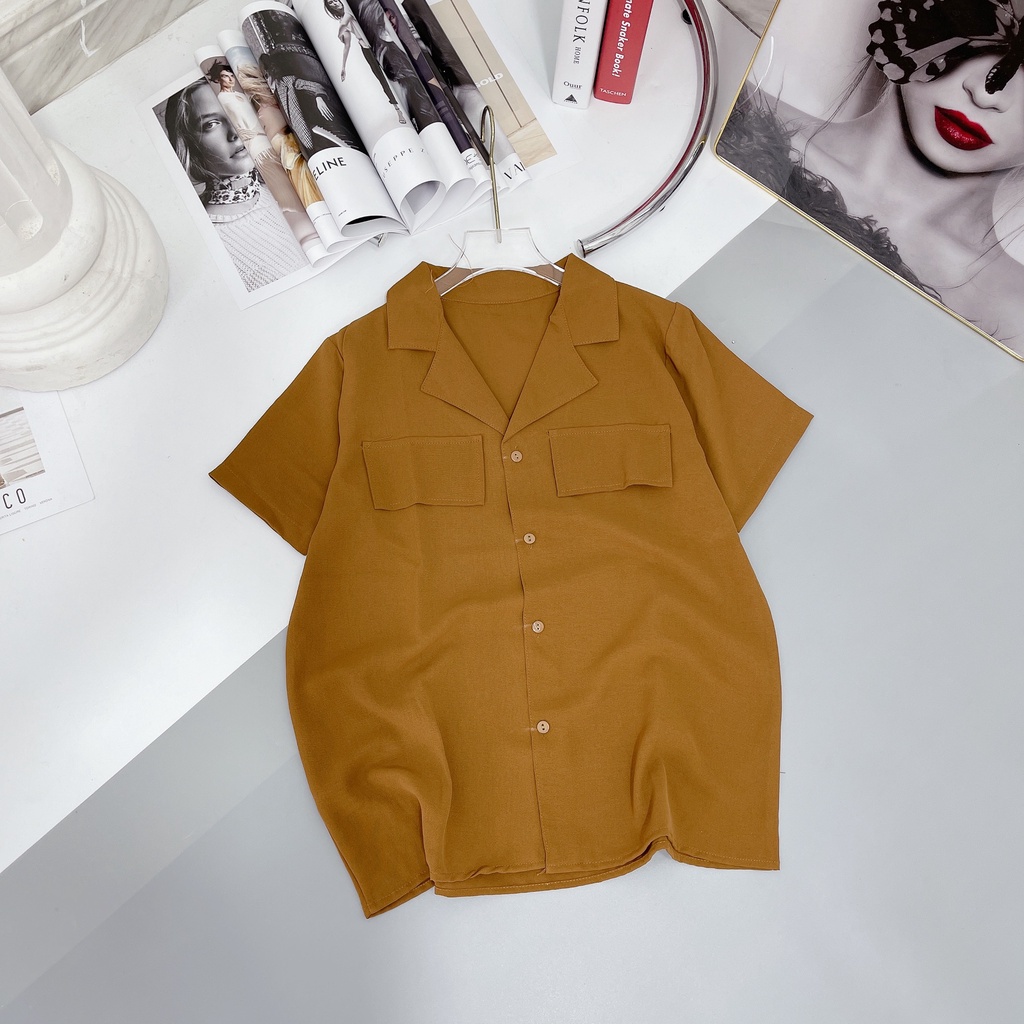 Áo sơ mi cổ vest cộc tay nắp túi dáng xuông thụng