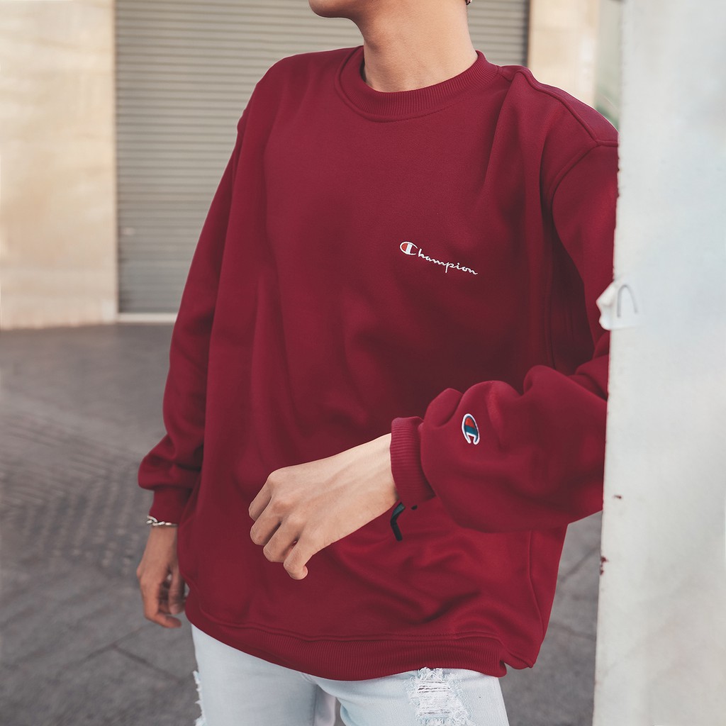Áo Tay Dài Sweater Champion Chữ Thêu Sắc Nét Có Chất Liệu NỈ Bông Cotton Màu Đỏ