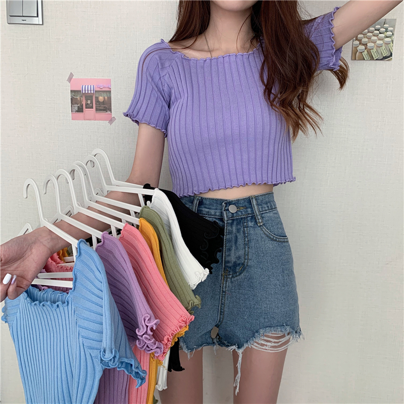 Áo croptop nữ tay ngắn ôm body 2021, áo kiểu nữ đẹp màu trắng,xanh,tím cổ vuông sang chảnh thời trang hàn quốc du lịch