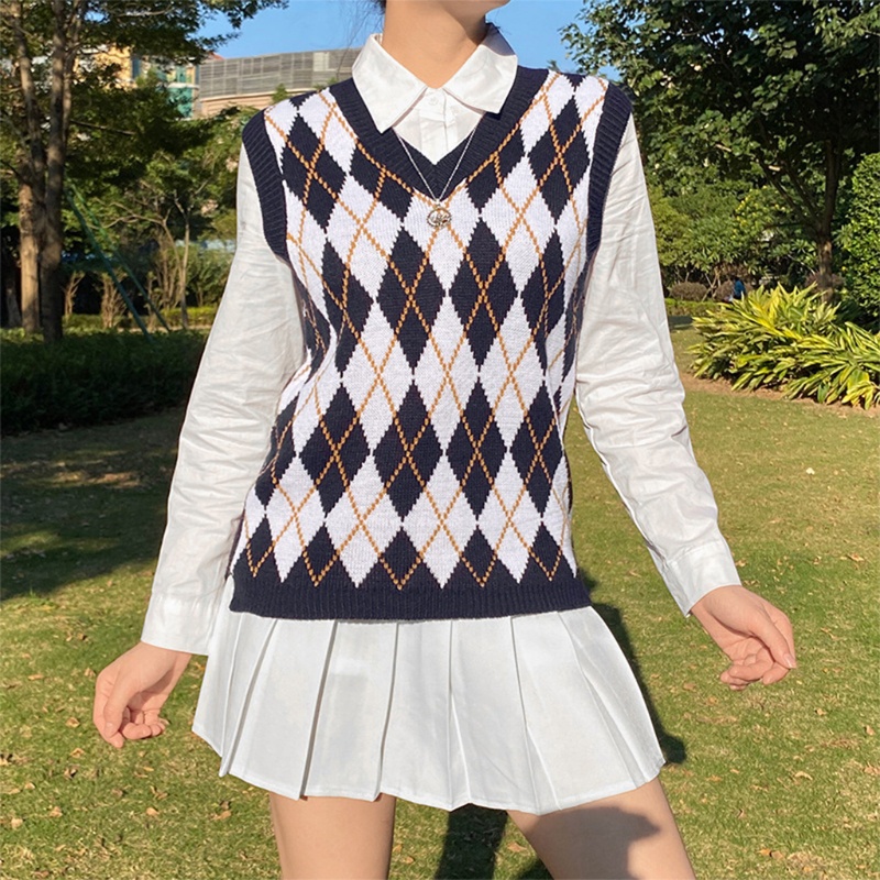 Xiangbao Áo Sweater Dệt Kim Không Tay Cổ Chữ V Kẻ Sọc Caro Phong Cách Preppy Vintage Mùa Thu Cho Nữ Sinh Trường Học