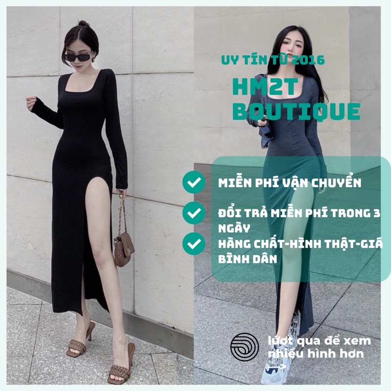 (HÌNH THẬT) Đầm body cổ vuông ôm dài tay xẻ dài cá tính sang chảnh cao cấp YN