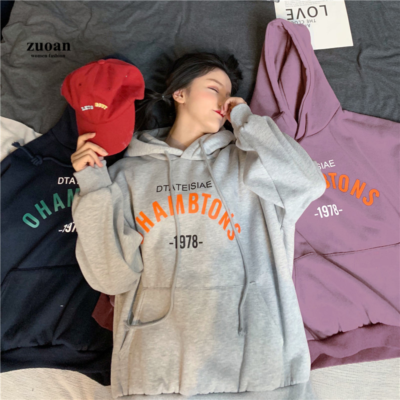 SUXI Áo Hoodie Nữ Tay Dài Dáng Rộng In Chữ Phong Cách Hàn Quốc