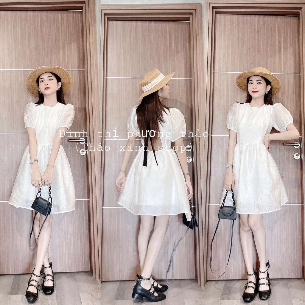 VÁY TAY PHỒNG NƠ ĐEN SAU LƯNG CHUN EO - ĐẦM TRẮNG 2 LỚP TIỂU THƯ DÁNG XÒE NHẸ NHÀNG