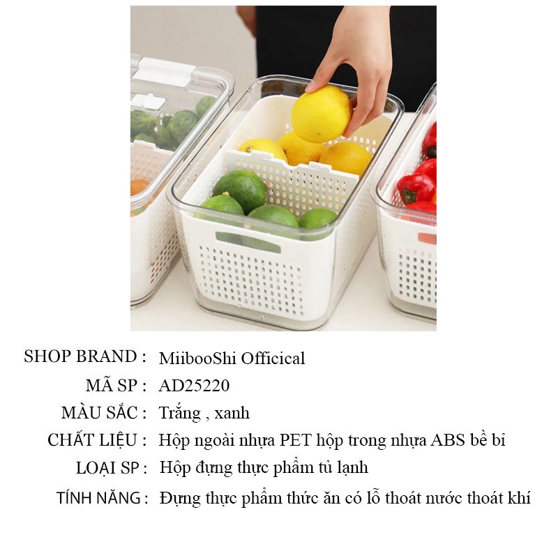 Hộp đựng bảo quản thực phẩm tủ lạnh 2 lớp có lỗ thông khí thoát nước giúp thực phẩm giữ được độ tươi lâu MiibooShi AD252