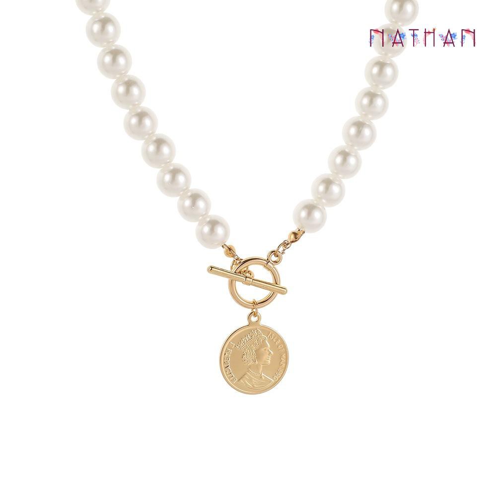 Nathan Elegant Chain Pearl Necklace Women Portrait Coin Pendants Choker Jewelry