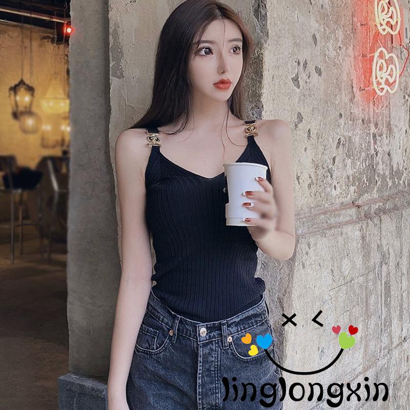 Linglongxi2-Women´s Tank Tops Rib Knit V-Neck Metal Chain Sling Design Slim Fit Breathable Versatile Streetwear Tops
