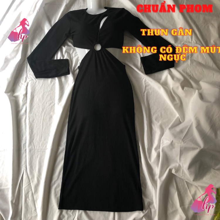 Váy đầm khoét ngực hở eo lưng  nữ dáng dài tay dài ôm body màu đen sang chảnh hàn quốc dự tiệc alohashop91