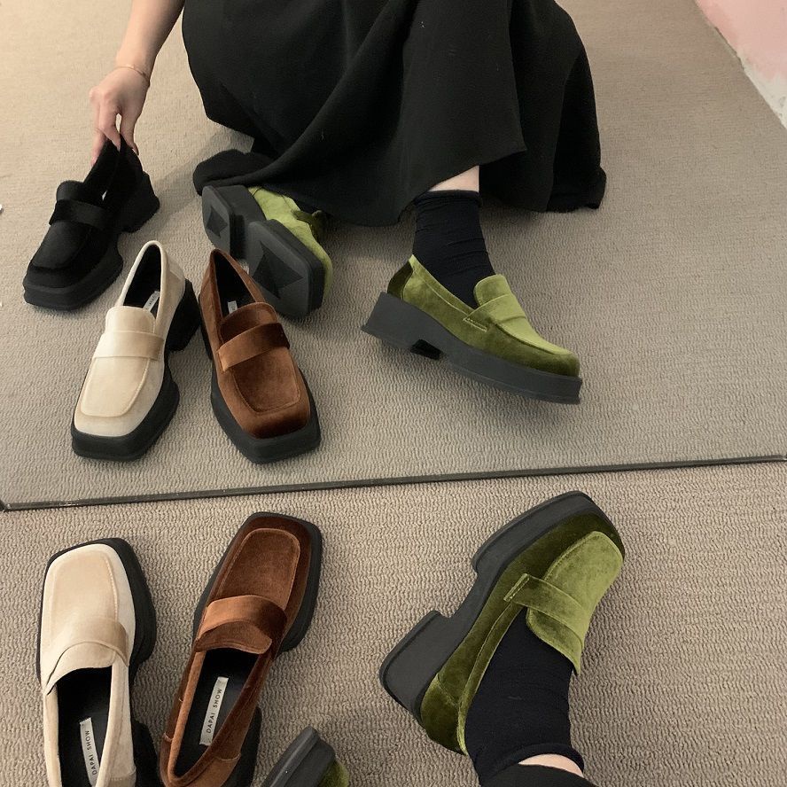 Giày Lười Mary Jane Đế Dày Tăng Chiều Cao Bằng Nhung Màu Vàng Phong Cách Retro Cho Nữ