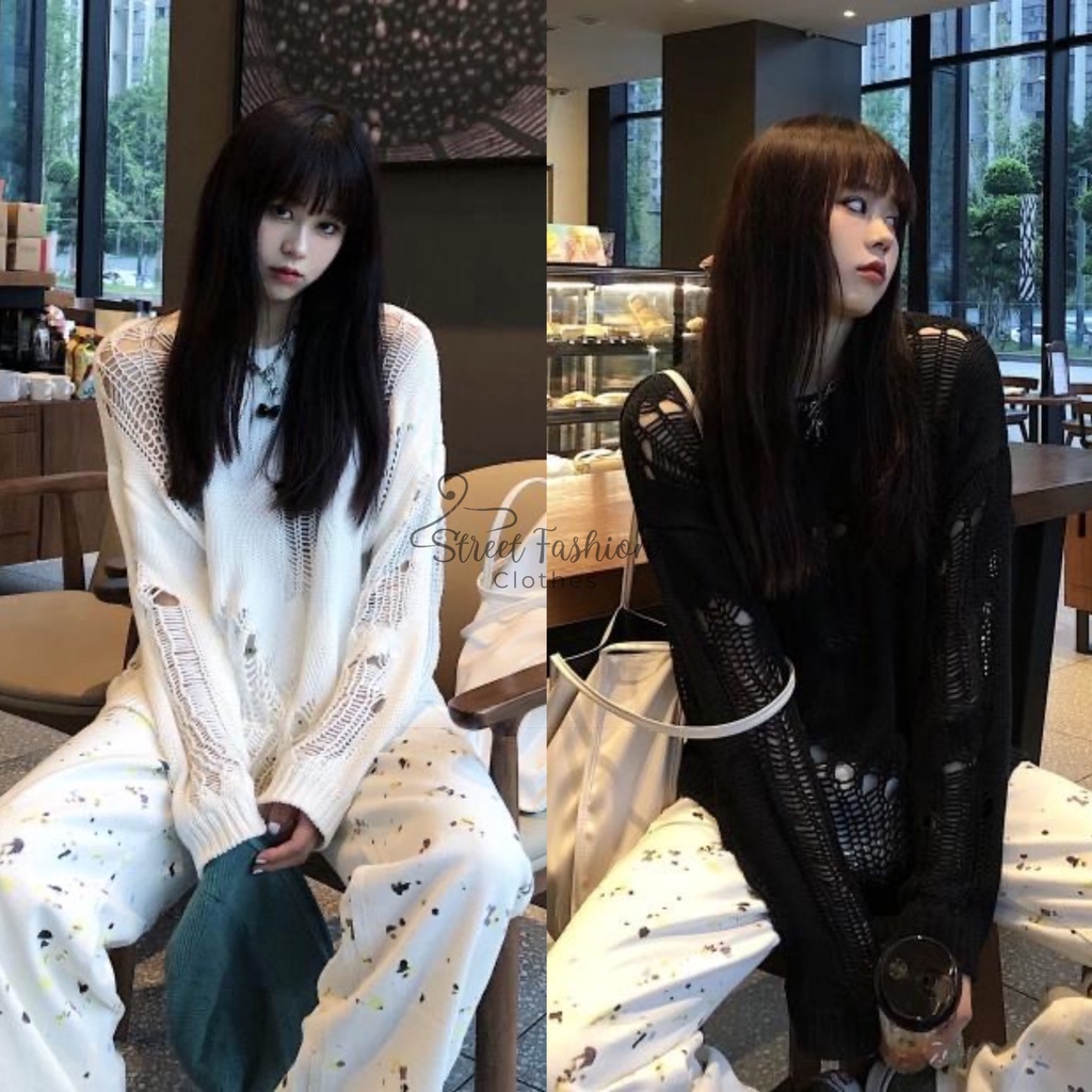 Áo len dệt kim dài tay rách lỗ dáng rộng cá tính , trẻ trung, năng động thời trang thu đông hot trend