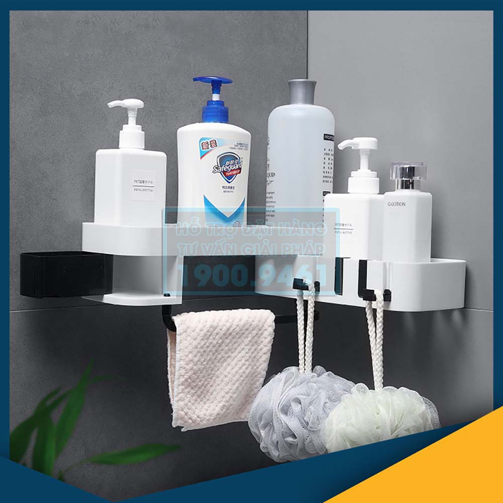 Giá kệ để đồ phòng tắm đa năng có móc treo khăn, không cần khoan tường 9361