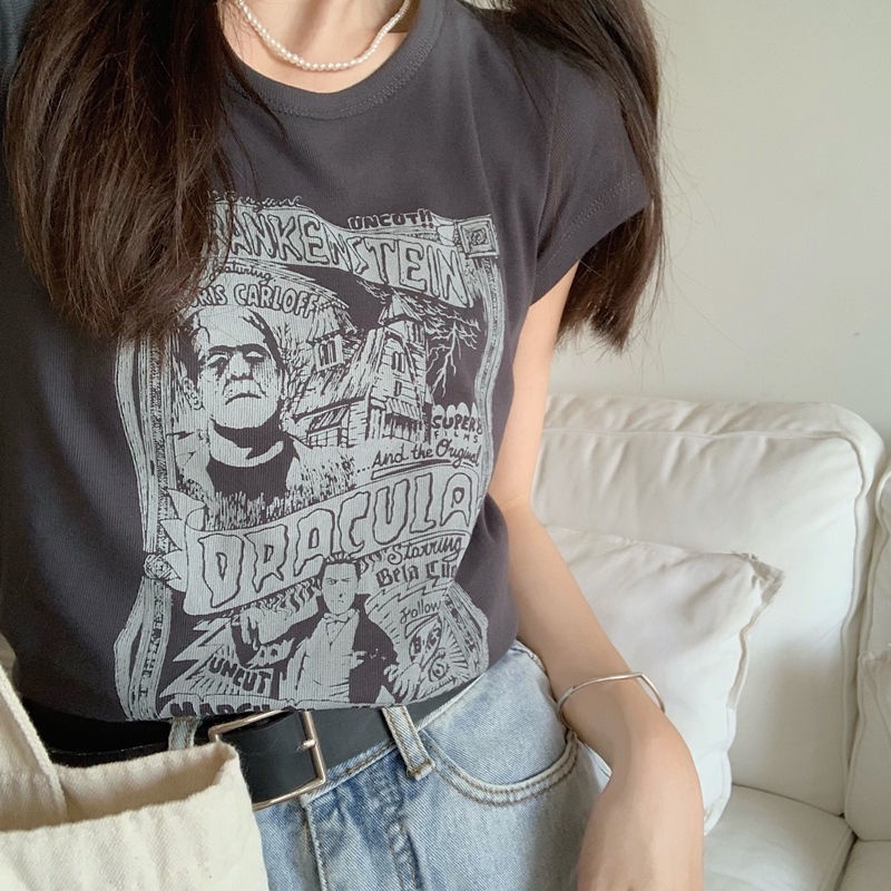 Áo Thun Tay Ngắn In Hình Phong Cách Retro Hàn Quốc Cho Nữ