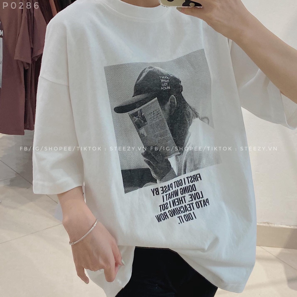[P0286] Áo thun cotton mặt lông dày in hình cô gái đội mũ chữ FIRST I GOT form rộng ngắn (Có sẵn/Ảnh thật)