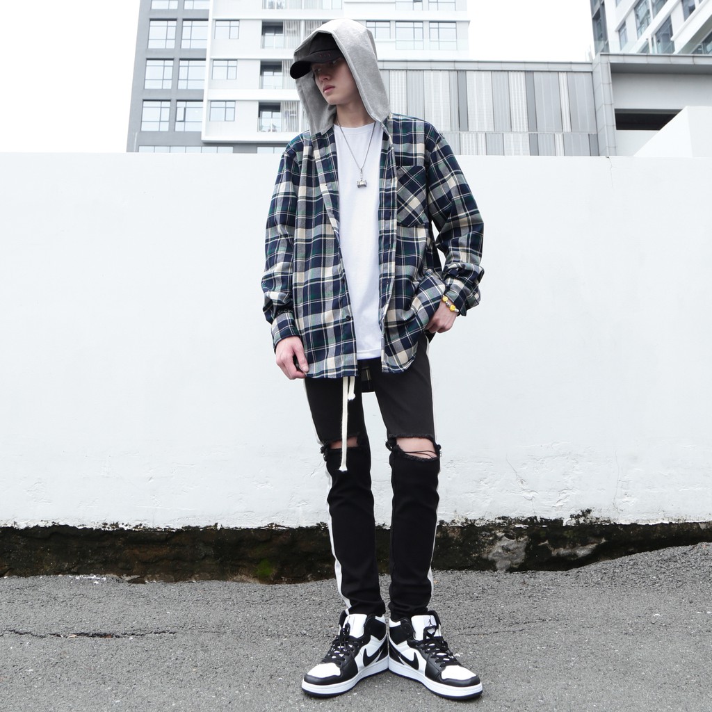 Áo Sơ Mi Hooded Flannel Jacket Màu Xanh