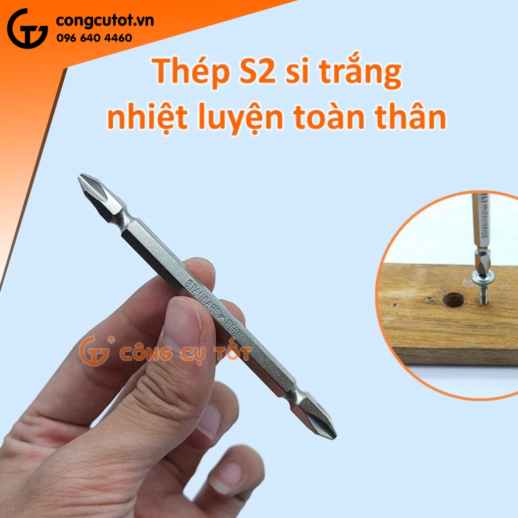 Mũi bắn vít 2 đầu bake thép S2 si trắng Standard Đài Loan dài 100mm