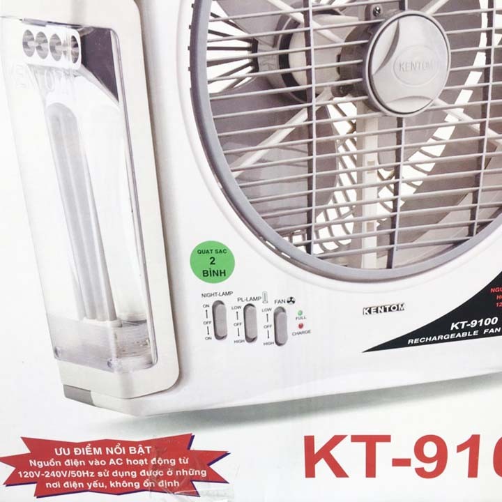 Quạt Sạc Kiêm Đèn Sạc Kentom KT9100 2 Bình