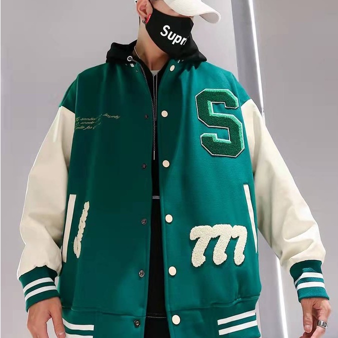 Áo khoác nỉ bóng chày dáng rộng thêu họa tiết phong cách retro thời trang cho nam