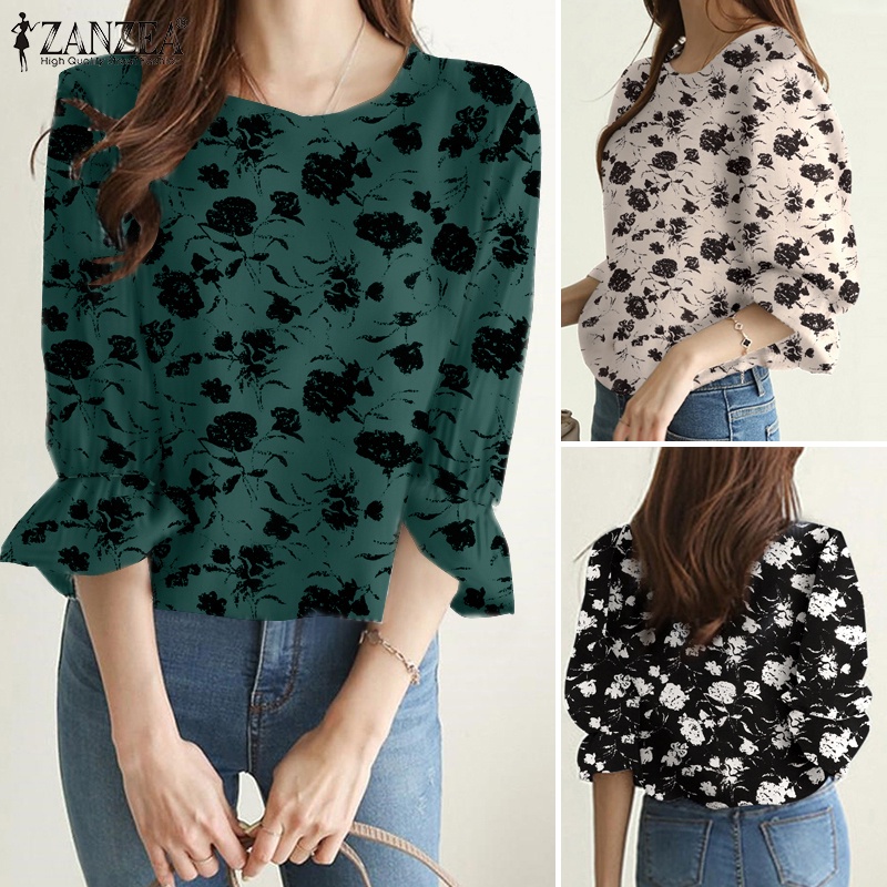Zanzea Áo Cánh Tay Phồng 3 / 4 Cổ Tròn In Họa Tiết Thời Trang Mùa Hè Cho Nữ