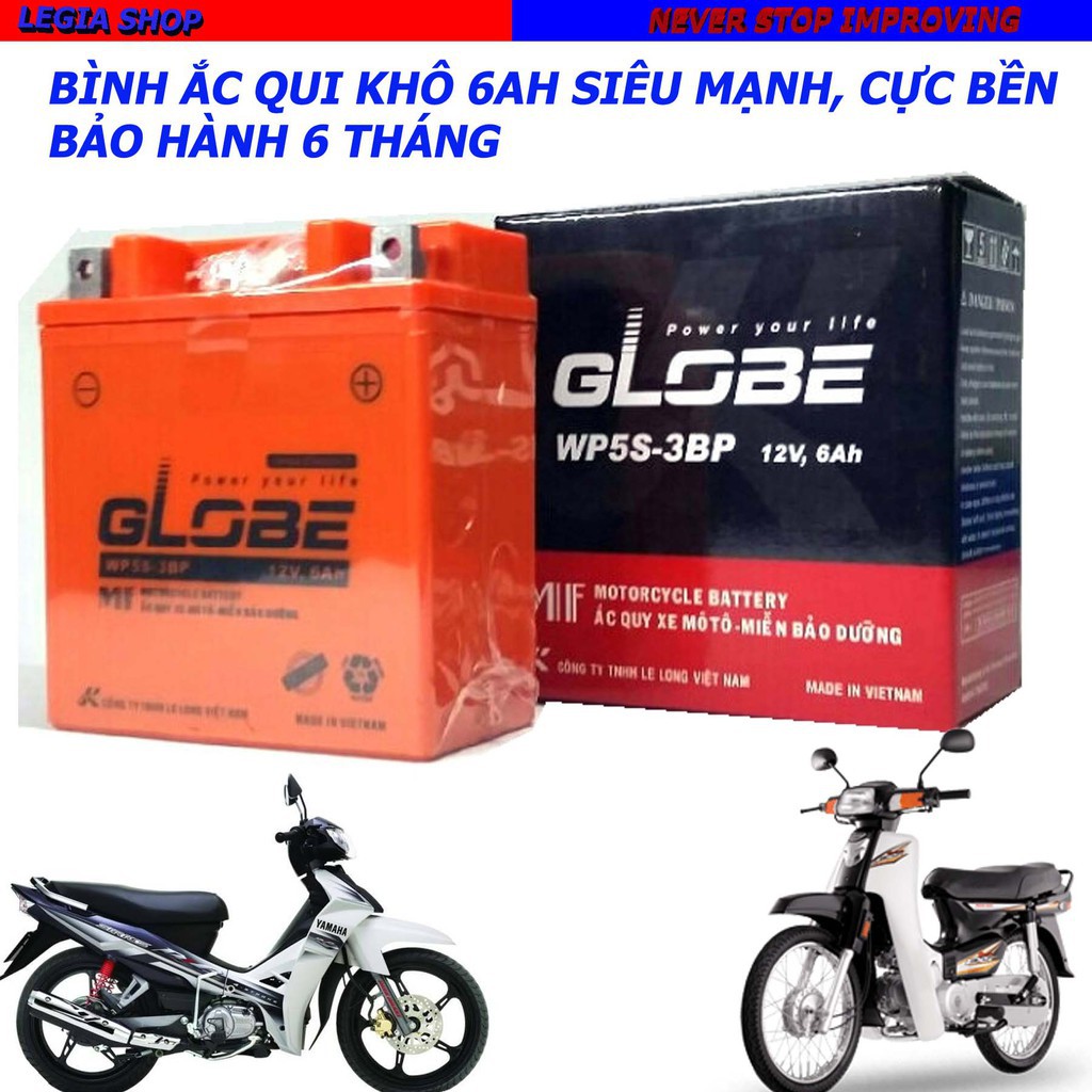 BÌNH ẮC QUI XE MÁY 6Ah WP5S hiệu GLOBE gắn xe Dream - Wave - Sirius - Jupiter - Viva