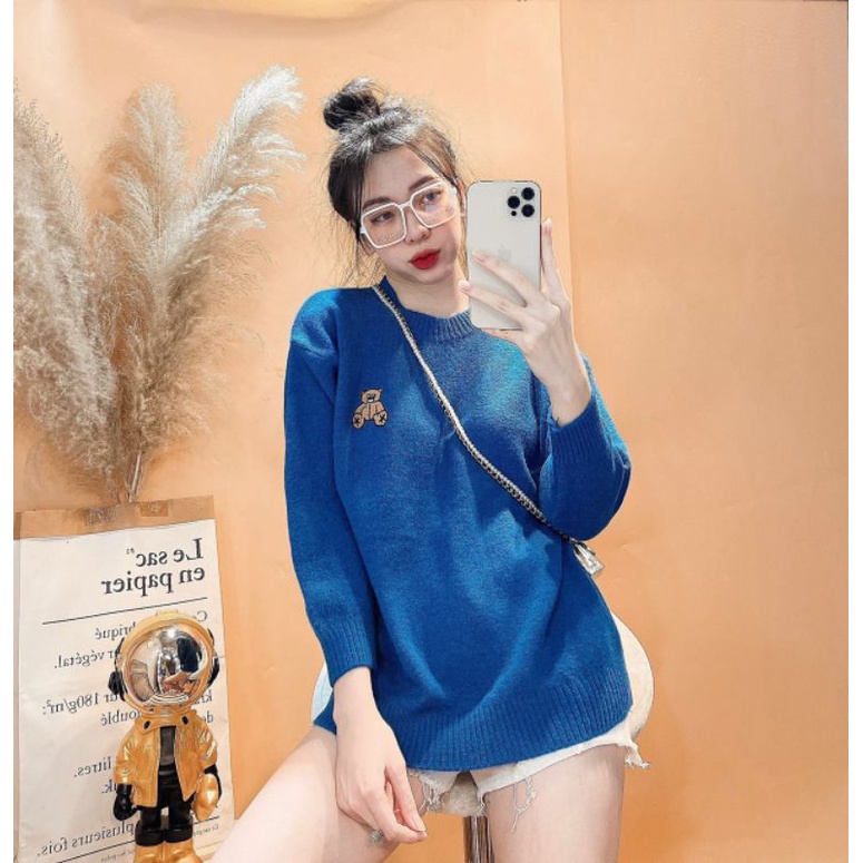 Áo Len Nữ Ms.7911 Áo Len Trơn Thêu Họa Tiết Gấu Xinh Sắn, Dáng Dấu Quần, Chất Len Dày Ấm